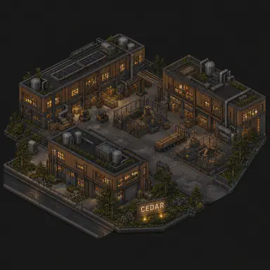 Isometric pixel-art headquarters of Cedar