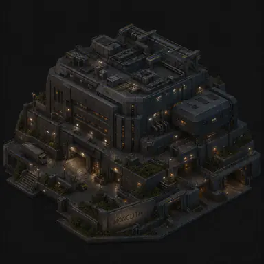 Isometric pixel-art headquarters of Monolith