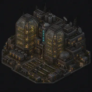 Isometric pixel-art headquarters of Aster
