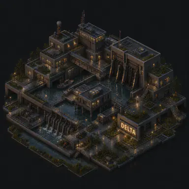 Isometric pixel-art headquarters of Delta