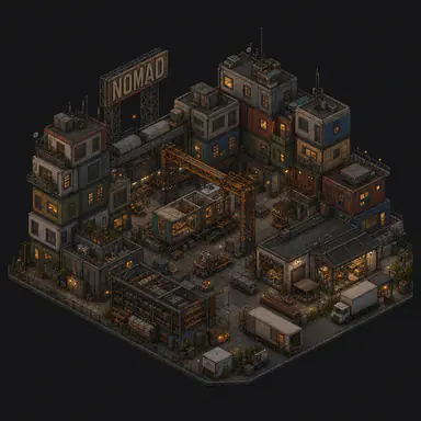 Isometric pixel-art headquarters of Nomad