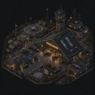 Isometric pixel-art headquarters of Peregrine