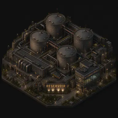 Isometric pixel-art headquarters of Reservoir