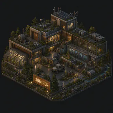 Isometric pixel-art headquarters of Juniper