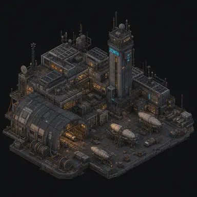 Isometric pixel-art headquarters of Zenith
