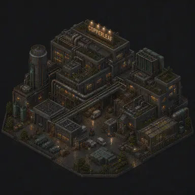 Isometric pixel-art headquarters of Copperleaf