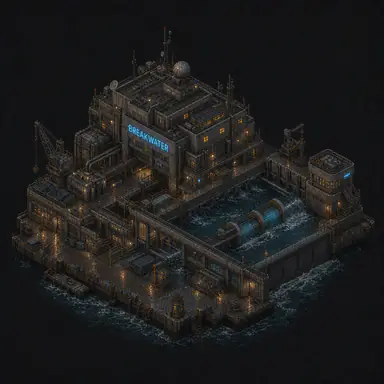 Isometric pixel-art headquarters of Breakwater