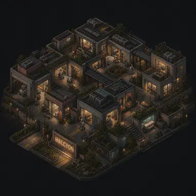 Isometric pixel-art headquarters of Halcyon