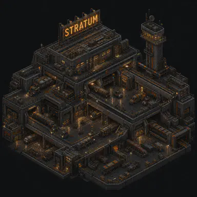 Isometric pixel-art headquarters of Stratum