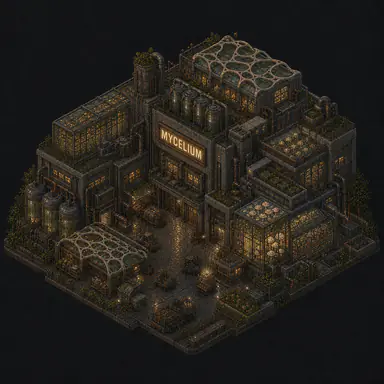 Isometric pixel-art headquarters of Mycelium
