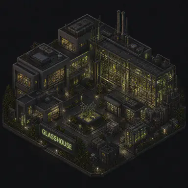 Isometric pixel-art headquarters of Glasshouse