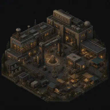 Isometric pixel-art headquarters of Cairn