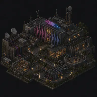 Isometric pixel-art headquarters of Chorus