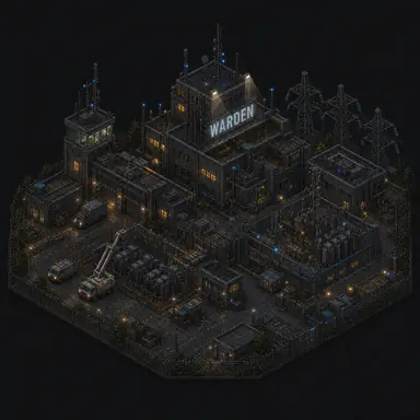 Isometric pixel-art headquarters of Warden