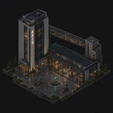Isometric pixel-art headquarters of Axis