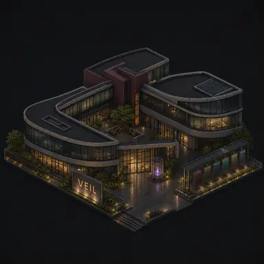Isometric pixel-art headquarters of Veil