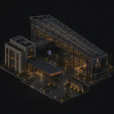 Isometric pixel-art headquarters of Truss