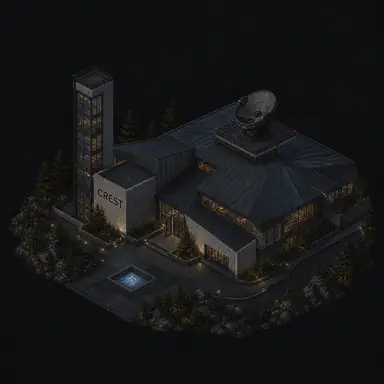 Isometric pixel-art headquarters of Crest