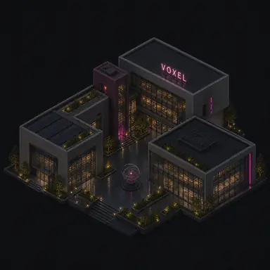 Isometric pixel-art headquarters of Voxel