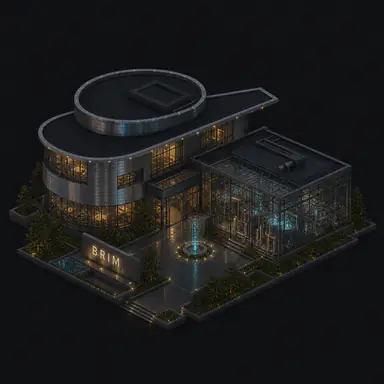 Isometric pixel-art headquarters of Brim