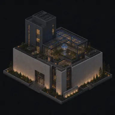 Isometric pixel-art headquarters of Plinth