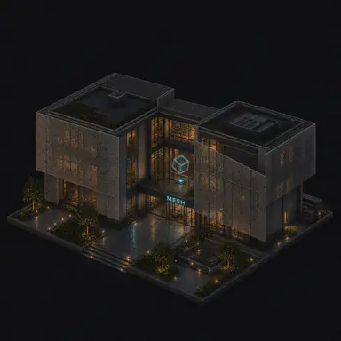 Isometric pixel-art headquarters of Mesh