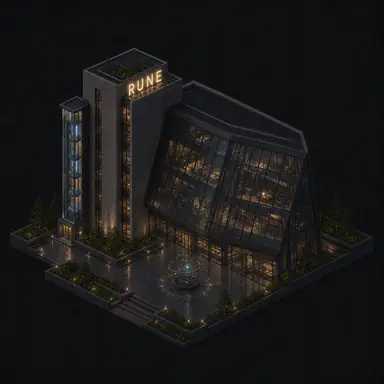 Isometric pixel-art headquarters of Rune