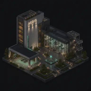 Isometric pixel-art headquarters of Aegis