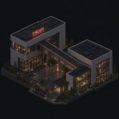 Isometric pixel-art headquarters of Circuit