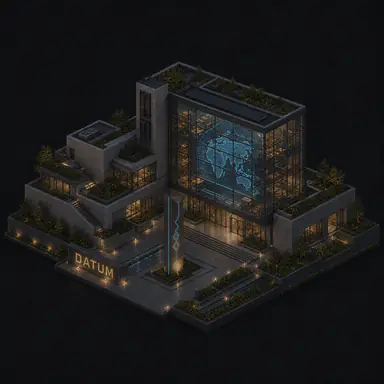 Isometric pixel-art headquarters of Datum