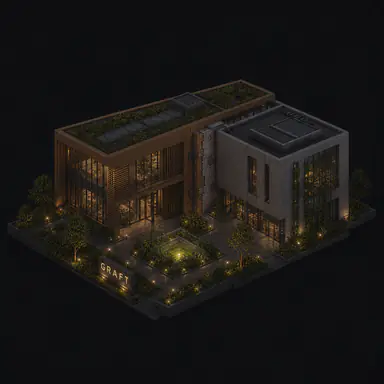 Isometric pixel-art headquarters of Graft