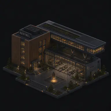 Isometric pixel-art headquarters of Kestrel