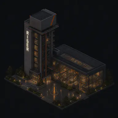 Isometric pixel-art headquarters of Riser