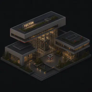 Isometric pixel-art headquarters of Tecton