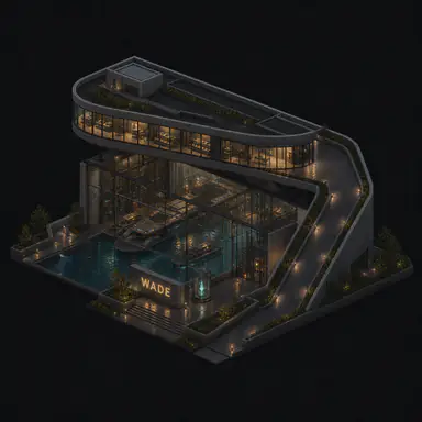 Isometric pixel-art headquarters of Wade
