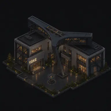 Isometric pixel-art headquarters of Yoke