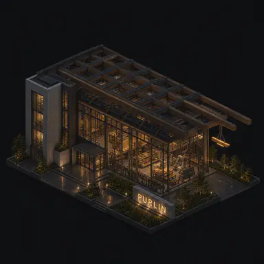 Isometric pixel-art headquarters of Purlin