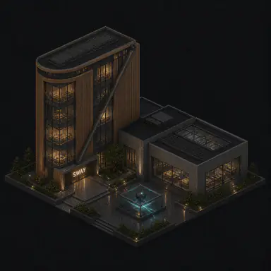 Isometric pixel-art headquarters of Sway