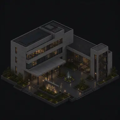 Isometric pixel-art headquarters of Bloc