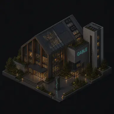 Isometric pixel-art headquarters of Gable