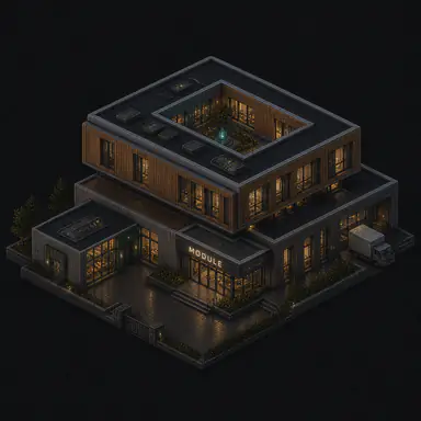 Isometric pixel-art headquarters of Module