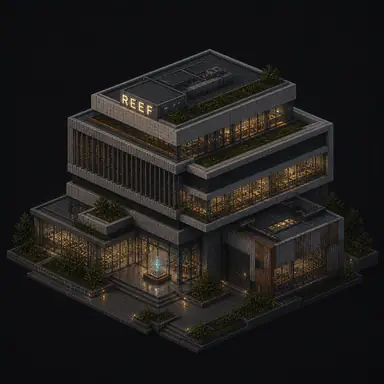 Isometric pixel-art headquarters of Reef