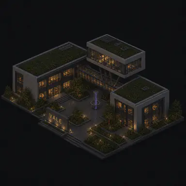 Isometric pixel-art headquarters of Vale