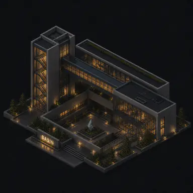 Isometric pixel-art headquarters of Basin