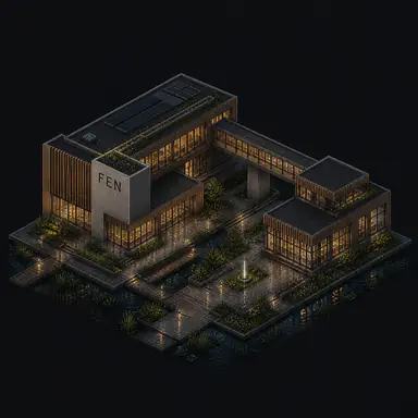 Isometric pixel-art headquarters of Fen
