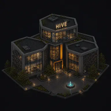 Isometric pixel-art headquarters of Hive