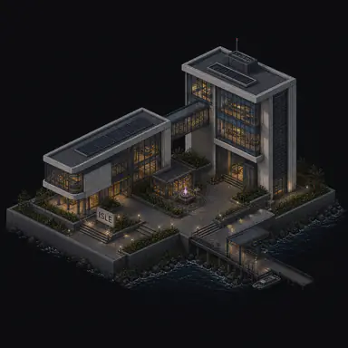 Isometric pixel-art headquarters of Isle