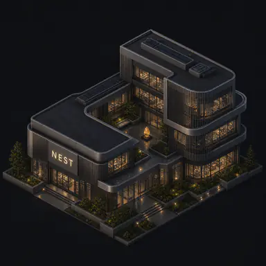 Isometric pixel-art headquarters of Nest