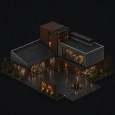 Isometric pixel-art headquarters of Oxide