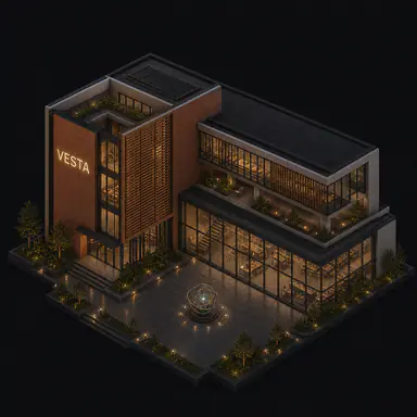 Isometric pixel-art headquarters of Vesta
